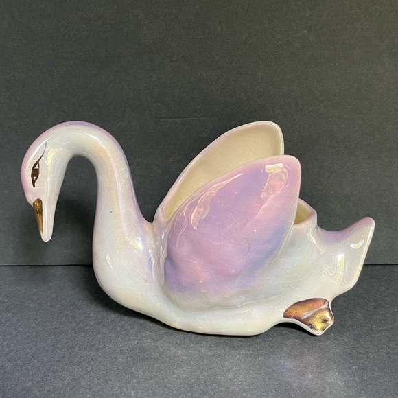 VTG Swan Planter Vase Lavender Iridescent Victorian Decor Lustreware Gold - Picture 4 of 6
